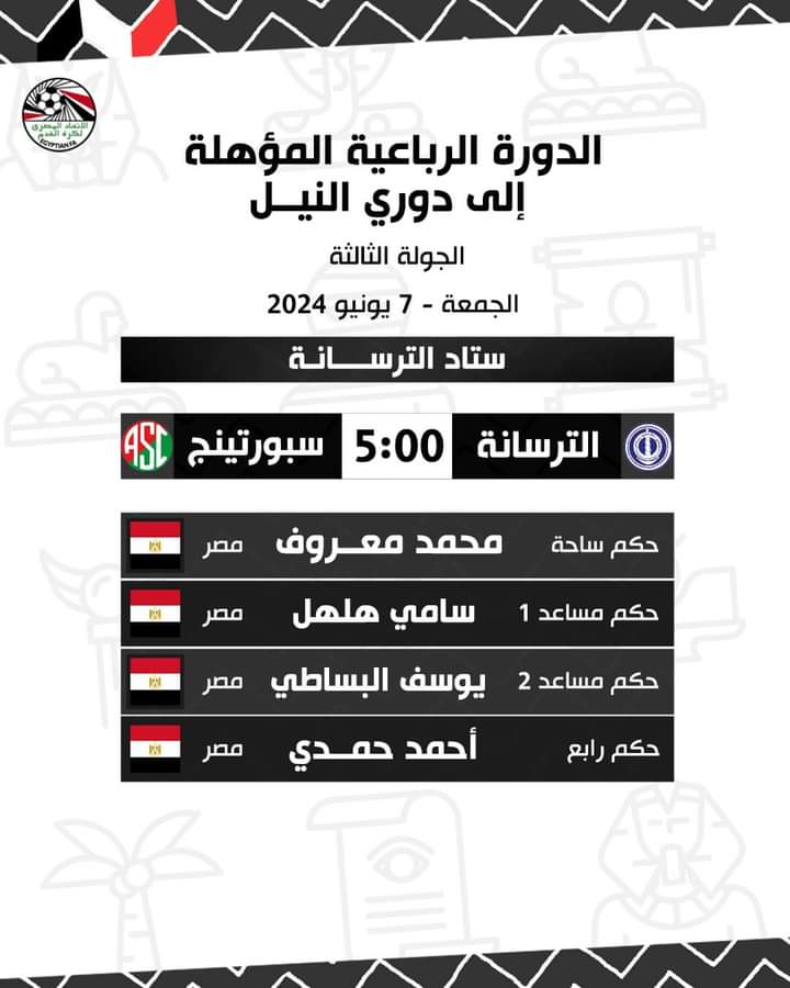 حكام الجولة الثالثة من الدورة الرباعية المؤهلة إلي دوري النيل